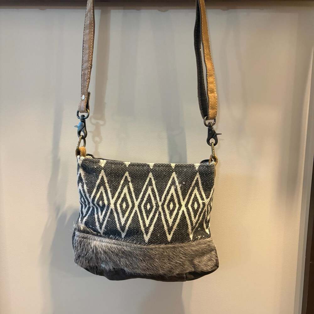 Myra Bag Azura Gray White Geometric Cowhide Crossbody Purse